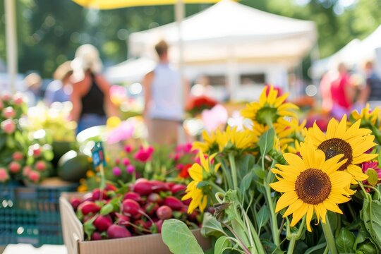 A farmer's market with fresh produce and flowers, offering a vibrant and community-focused summer scene for local themes