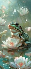A frog's daydream on a lazy riverbank, surrounded by a dance of dainty petals