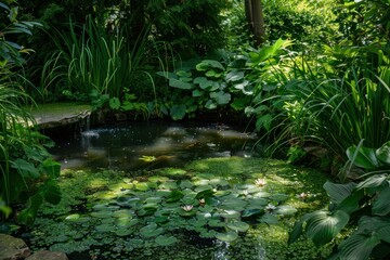 A serene pond surrounded by lush, verdant foliage