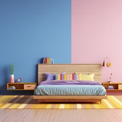 A minimalist bedroom with a playful color scheme, perfect for modern home decor inspiration or contemporary interior design articles.