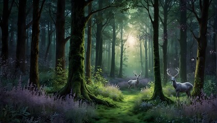 A whimsical forest scene with magical creatures, highlighted in luminous greens, soft lavenders, and sparkling silvers Generative AI - obrazy, fototapety, plakaty