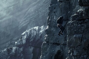 Fototapeta premium An adventurous solo climber scaling a steep rocky cliff, embodying challenge and determination, perfect for extreme sports content.
