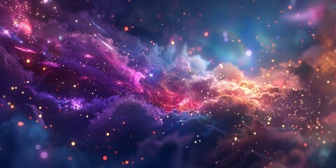 A mysterious 3D world where fairies illuminate a dark galaxy with their magic, creating vibrant colors against the cosmic backdrop - obrazy, fototapety, plakaty