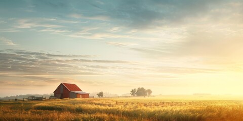 A quiet summer morning on a farm, providing a peaceful rural backdrop with a clear horizon for ample copy space
