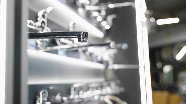 Exhibition showcase in store with faucets for the kitchen and bathroom