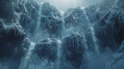 A frozen waterfall cascading down rocky cliffs