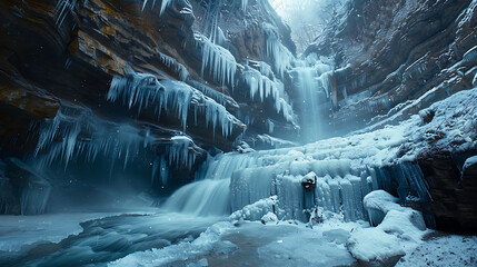 A frozen waterfall cascading down rocky cliffs - obrazy, fototapety, plakaty