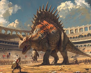 A Stegosaurus gladiator in the Colosseum, facing off against fierce opponents with its spiked tail as a weapon - obrazy, fototapety, plakaty