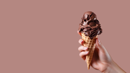 Hand holding a chocolate ice cream cone against a brown background with copy space