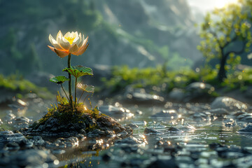 A serene lotus blossom emerging from muddy waters, symbolizing maternal purity and enlightenment....