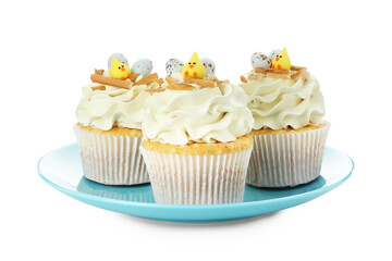 Tasty Easter cupcakes with vanilla cream isolated on white