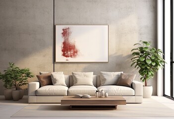 Elegant and modern design of a living room with sofa, coffee table and large painting on the wall.