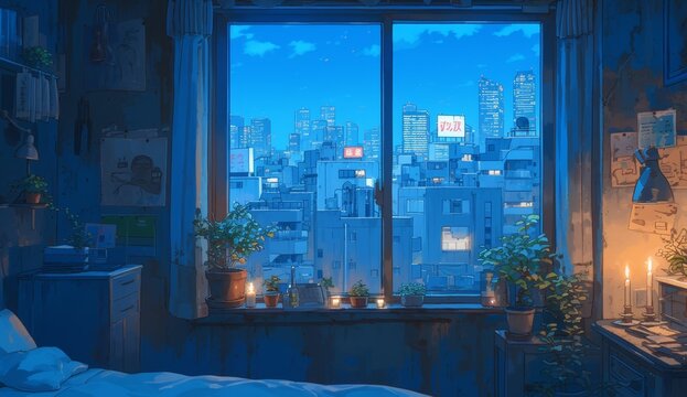 A small window in the bedroom shows a night city view outside. 
