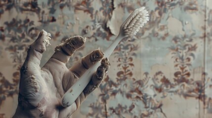 A zombie's hand holding a decayed toothbrush, bristles falling out, against a backdrop of tattered wallpaper - obrazy, fototapety, plakaty