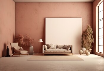 Elegant and modern design of a living room with a sofa, coffee table and large painting on the wall with autumn colors.