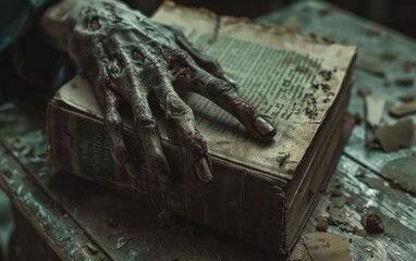 A zombie's hand turning the pages of a mildewed book in a forgotten library