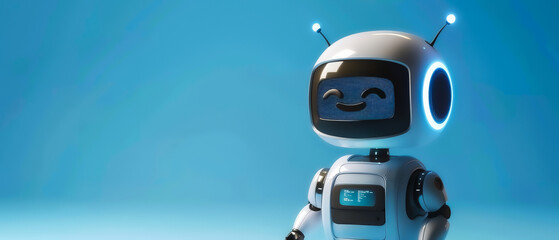 Naklejka premium Adorable 3D robot as a receptionist, greeting visitors with a bright screen smile and helpful information