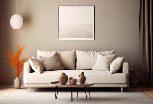 Elegant and modern design of a living room with sofa, coffee table and large painting on the wall.