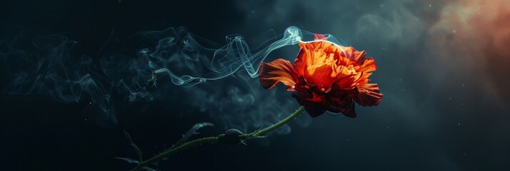 An artistic close-up of a single flower, its edges smoldering and smoke wafting elegantly, set against a stark, minimalist backdrop - obrazy, fototapety, plakaty