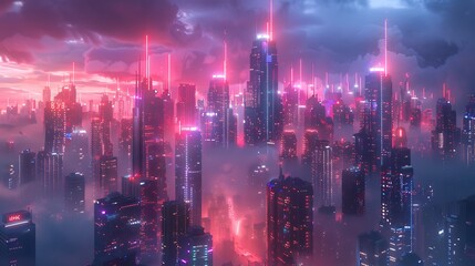 A futuristic metropolis skyline ablaze with neon lights and dazzling skyscrapers - obrazy, fototapety, plakaty
