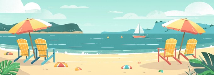 landscape view of the beach with chairs and umbrellas