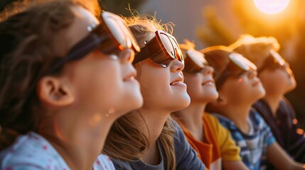 A group of parents and children, wearing protective glasses to view the solar eclipse