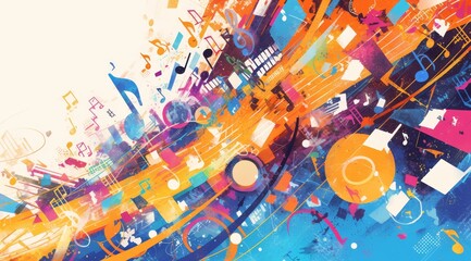 A vibrant abstract background filled with musical notes and colorful forms, representing the joy of music in life. in the style of digital painting.