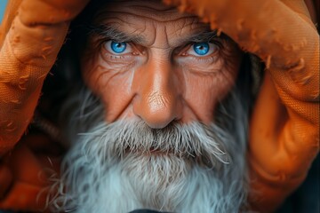Blue-eyed senior with a bushy white beard peers out, weathered face wrapped in orange fabric, eyes sharp with intensity and a hint of mystery. beard snowy against weather-beaten skin, - obrazy, fototapety, plakaty