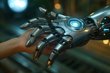  Human hand in tender contact with robotic counterpart, each finger a melding of biology and technology, in harmonious coexistence.