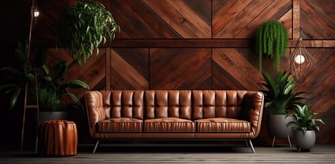 Luxurious design of a living room with a leather sofa in an environment decorated in brown and ocher tones with wood on the walls. - obrazy, fototapety, plakaty