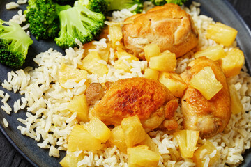 chicken thighs with pineapple, rice and broccoli
