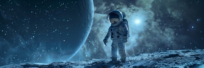 Asian child astronaut standing boldly on the moon, vivid galaxy backdrop, high-definition suit details, film-like effects - obrazy, fototapety, plakaty