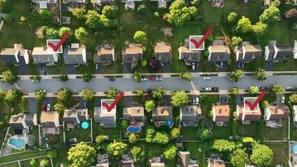 Residential neighborhood with checkmark for voting. Top down aerial of United States of America suburb. Presidential election theme concept - obrazy, fototapety, plakaty