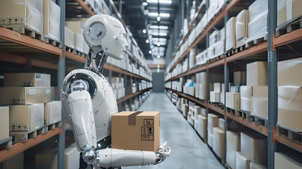 AI assistant managing inventory levels of cardboard boxes in a fully automated warehouse powered