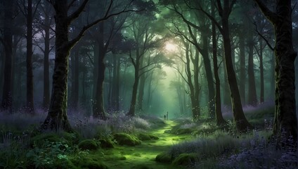 A whimsical forest scene with magical creatures, highlighted in luminous greens, soft lavenders, and sparkling silvers Generative AI - obrazy, fototapety, plakaty