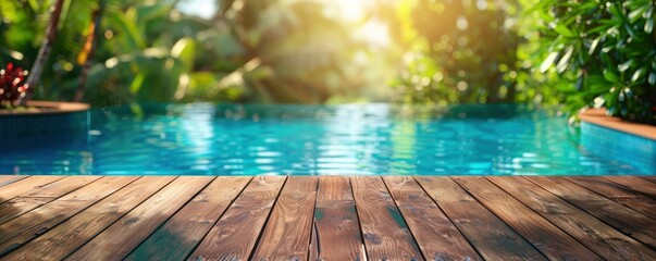 Abstract background with a wooden table top and a blurred swimming pool in the summer garden. A colorful wood floor for product display, a tropical beach, vacation concept. - obrazy, fototapety, plakaty