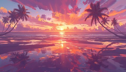 A vibrant sunset over the palm trees on an exotic beach, with a colorful sky and reflections in the water - obrazy, fototapety, plakaty