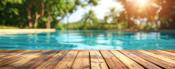 Abstract background with a wooden table top and a blurred swimming pool in the summer garden. A colorful wood floor for product display, a tropical beach, vacation concept. - obrazy, fototapety, plakaty
