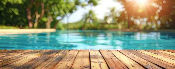 Fotobehang Abstract background with a wooden table top and a blurred swimming pool in the summer garden. A colorful wood floor for product display, a tropical beach, vacation concept. © MEHDI