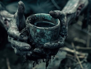 Close-up of a moldy coffee cup clutched by a zombie's gnarled fingers, with dark, stagnant liquid - obrazy, fototapety, plakaty