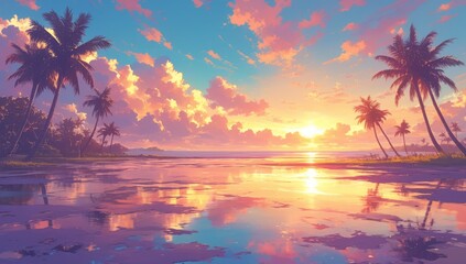 A vibrant sunset over the palm trees on an exotic beach, with a colorful sky and reflections in the water.