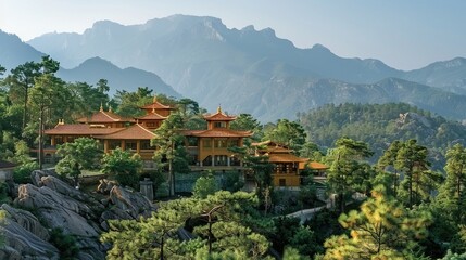 serene Buddhist monastery nestled in the mountains, a haven of peace and spiritual renewal - obrazy, fototapety, plakaty