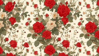 A vintage floral pattern featuring large, deep red roses on a cream-colored background. 