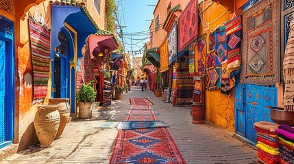 lively market street in Morocco, vibrant colors and rich scents filling the air, a cultural tapestry alive with energy - obrazy, fototapety, plakaty
