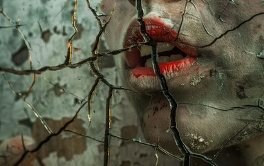 Close-up of a zombie's chapped lips whispering to a cracked, discolored mirror - obrazy, fototapety, plakaty