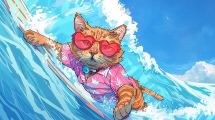 The cat surfing on an ocean wave wearing red heart sunglasses and pink hawaiian shirt.