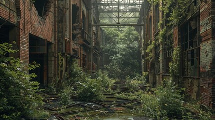 abandoned industrial complex reclaimed by nature, a haunting beauty in the contrast of decay and growth, a scene of postapocalyptic serenity