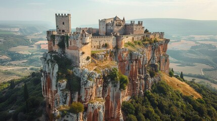 majestic castle perched atop a rugged cliff, overlooking a vast and wild landscape, a testament to medieval fortitude and elegance - obrazy, fototapety, plakaty