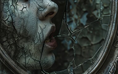 Close-up of a zombie's chapped lips whispering to a cracked, discolored mirror