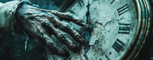 Close-up of a zombie's hand adjusting a broken clock face, with time standing still - obrazy, fototapety, plakaty